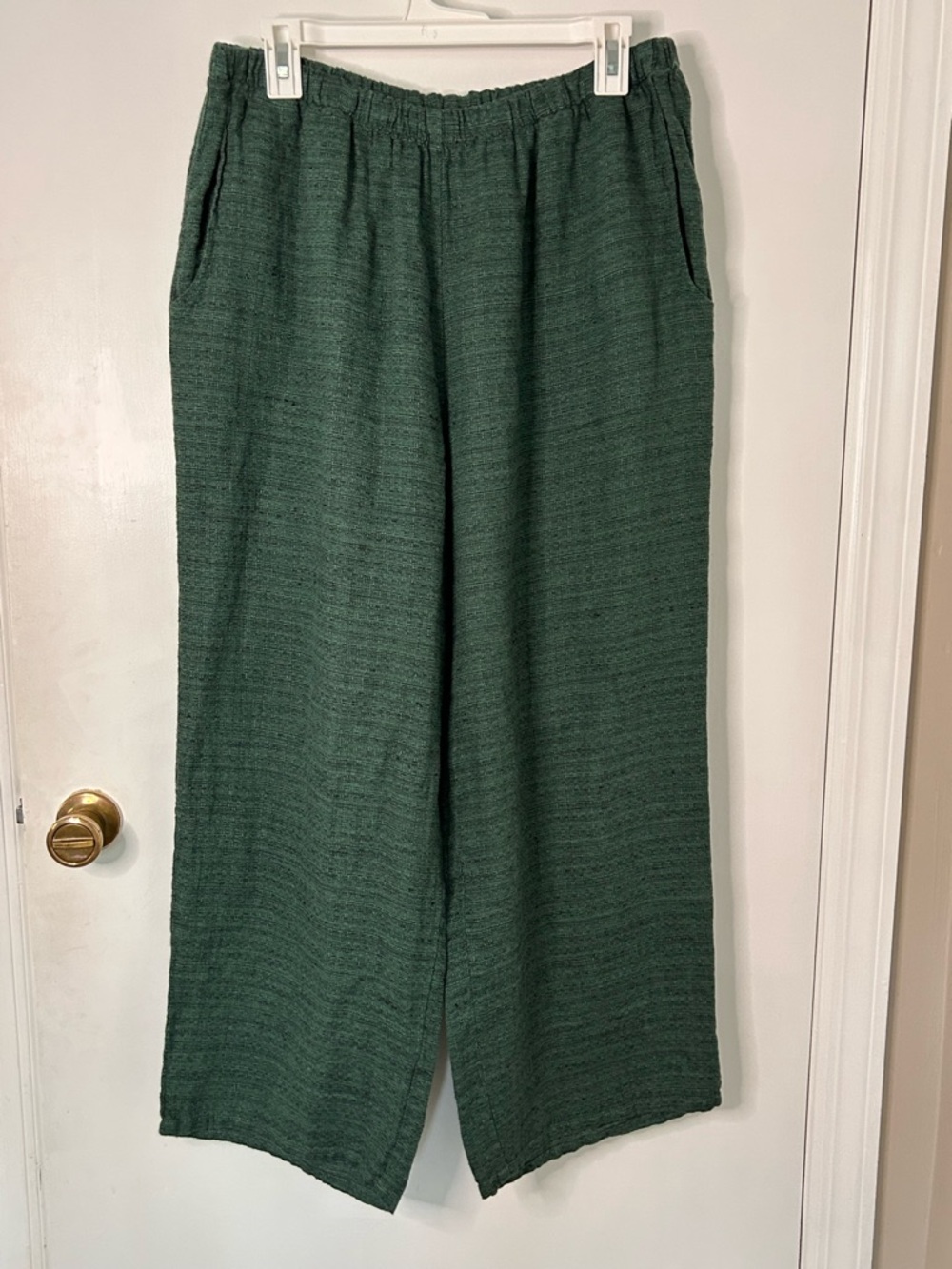 FLAX FOREST GREEN WIDE LEG PULL ON 100% LINEN PANTS SIZE MEDIUM
